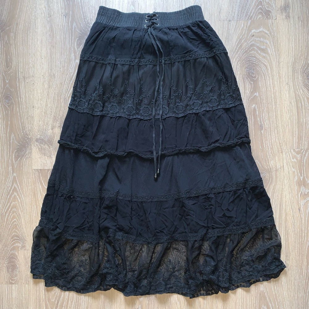 Gothic Black Tiered Lace Maxi Skirt